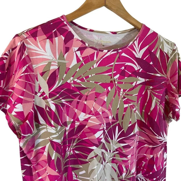 Croft & Barrow Tropical Leaf Pattern Top XL Pink Tones Tan White 100% Cotton Tee - Picture 3 of 6